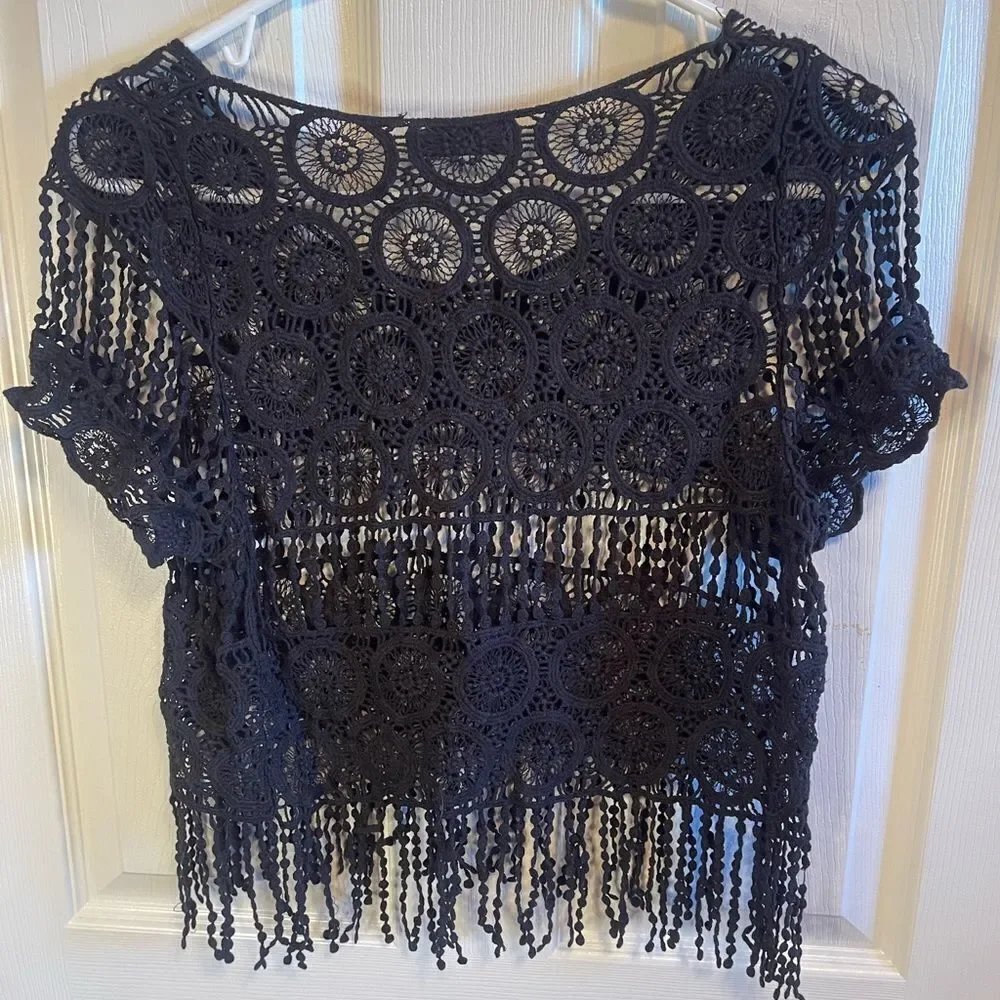 Sample text black crochet cropped top